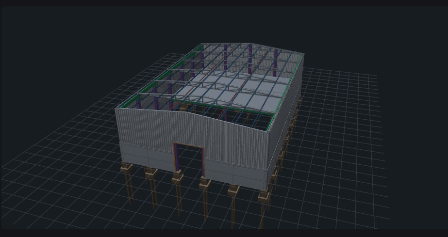 Modelo 3D de um barracão gerado pelo aplicativo, visto de cima e de lado: fechamento e portão no lugar, e a cobertura desligada deixando à vista as tesouras, as terças, os contraventamentos, as vigas e os pilares; abaixo do nível do terreno aparecem as sapatas e o trecho enterrado dos pilares