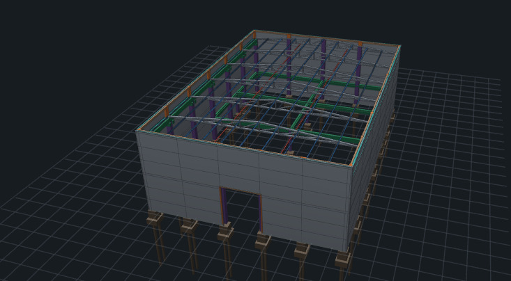 Modelo 3D de barracão gerado pelo aplicativo, de perto: o fechamento em placas, o portão na fachada e, com a cobertura desligada, os pórticos completos com pilares, vigas, tesouras, terças e contraventamentos