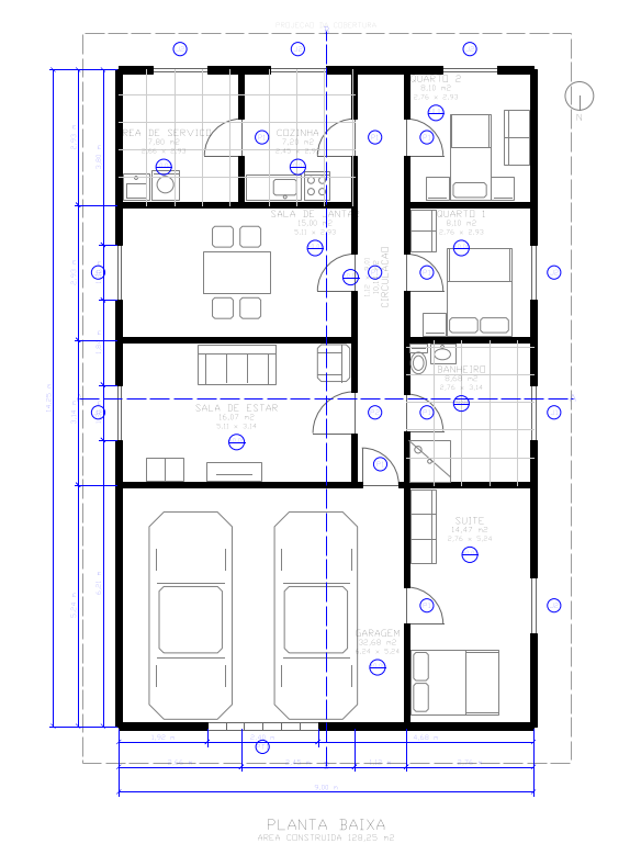Planta baixa de uma casa de 128,25 m² gerada pelo aplicativo: três quartos, sendo uma suíte, banheiro social, sala de estar, sala de jantar, cozinha, área de serviço e garagem para dois carros, com os móveis desenhados, as áreas de cada ambiente escritas, as cotas nas quatro faces e os pontos de luz marcados